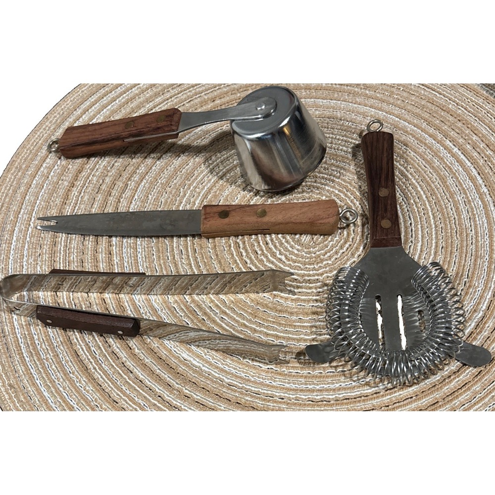 Vtg 4-piece Stainless Steel 1960s Japanese rosewood bar set